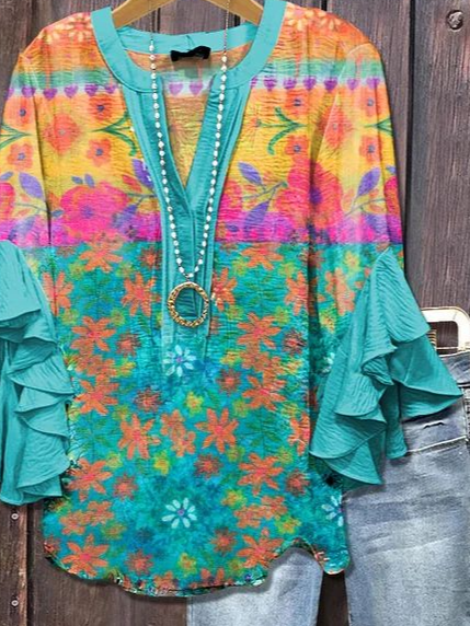 V-Ausschnitt Halbarm Geblümt Print Regelmäßig Weit Bluse für Damen