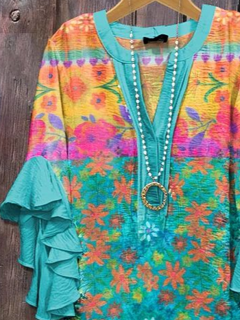 V-Ausschnitt Halbarm Geblümt Print Regelmäßig Weit Bluse für Damen