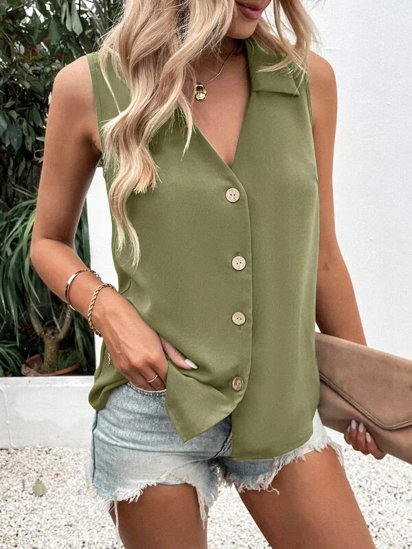 Lässig Stehkragen Unifarben Tanktop Oberteile Schnalle