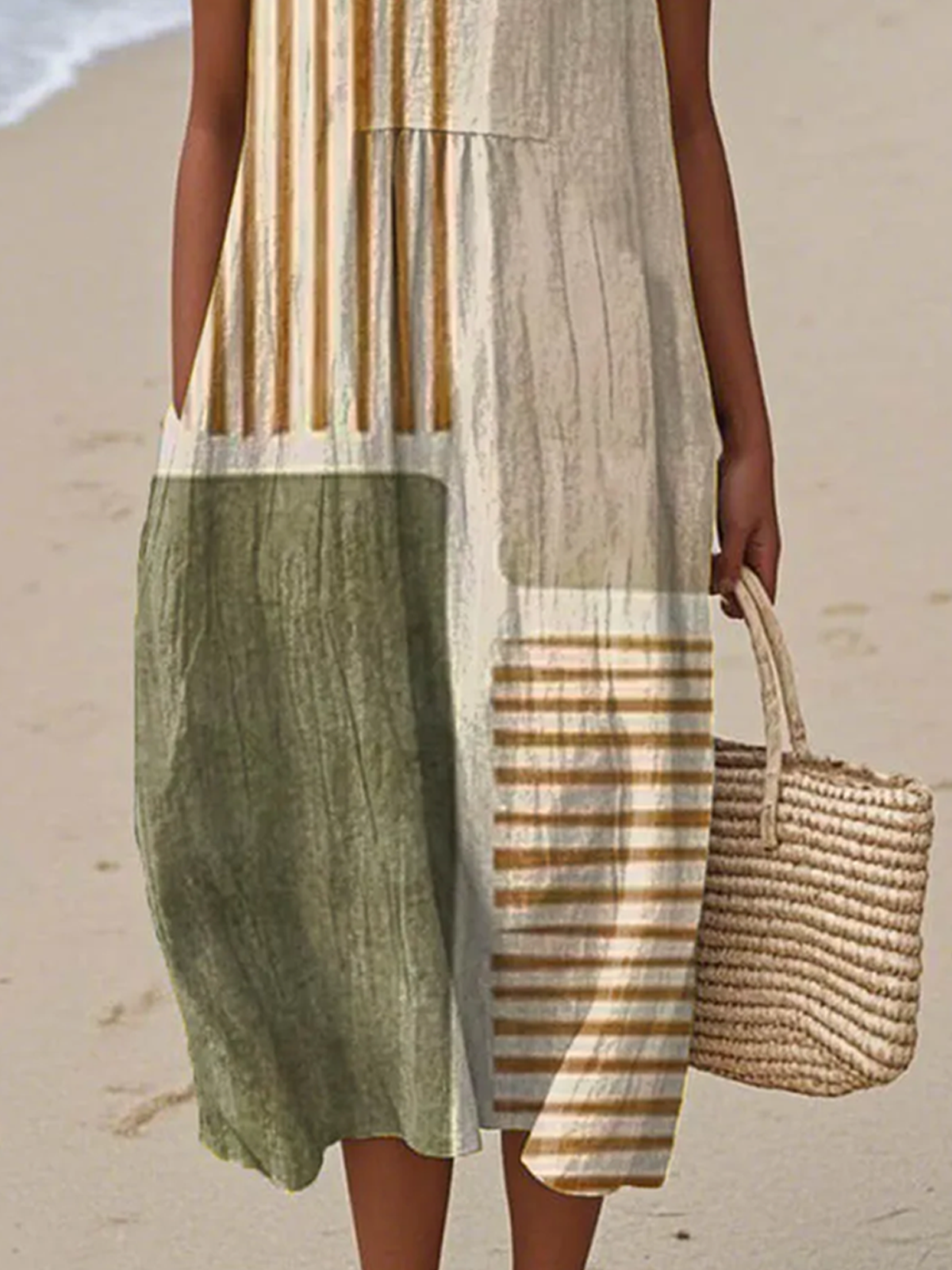 Damen Gestreift Sommer Kleid Rundhals Ärmellos A-Linien-Kleid