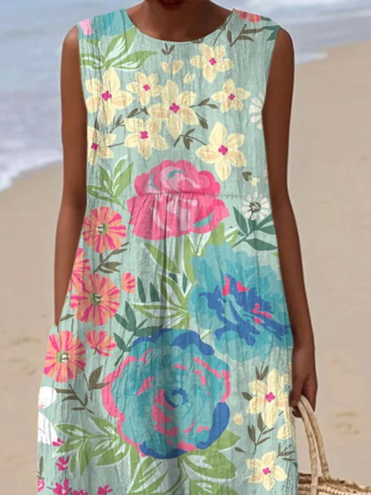 Damen Geblümt Sommer Kleid Rundhals Ärmellos A-Linien-Kleid