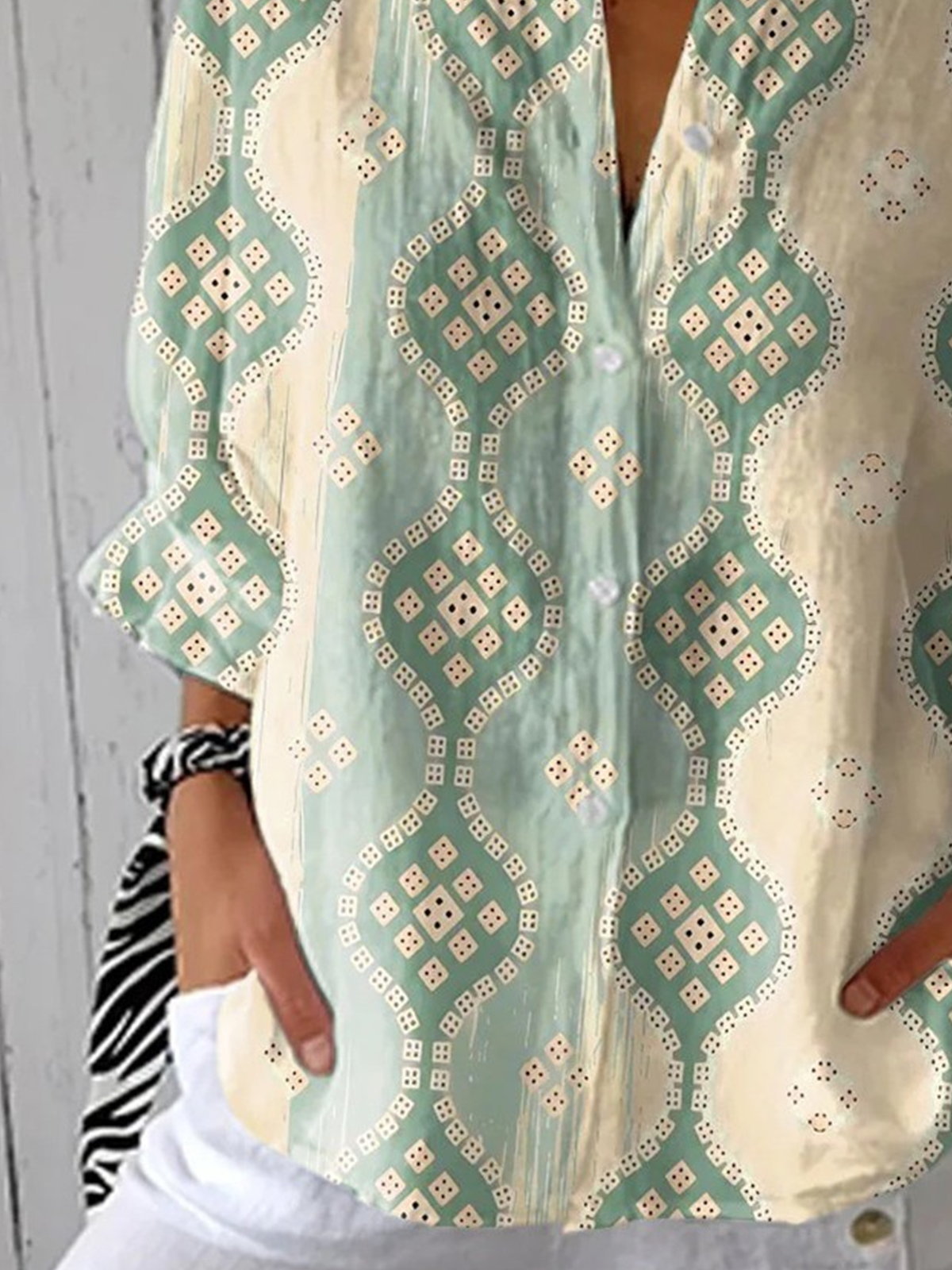 Hemdkragen Langarm Geometrisch Regelmäßig Mikroelastizität Regelmäßige Passform Bluse für Damen
