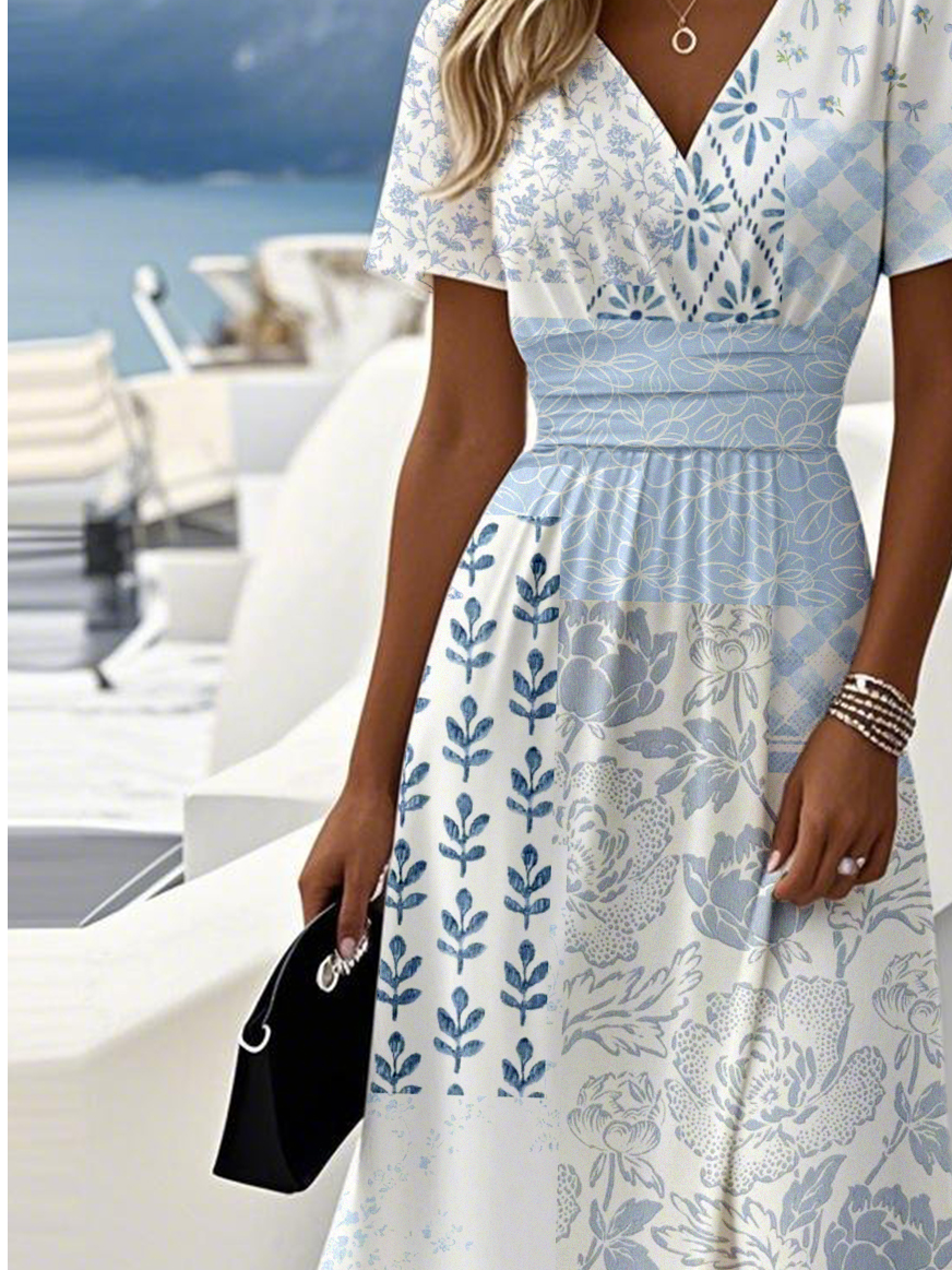 Damen Gestreift Sommer Kleid V-Ausschnitt Kurzarm Strandkleid A-Linien-Kleid