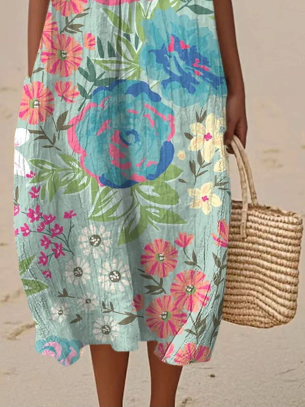 Damen Geblümt Sommer Kleid Rundhals Ärmellos A-Linien-Kleid