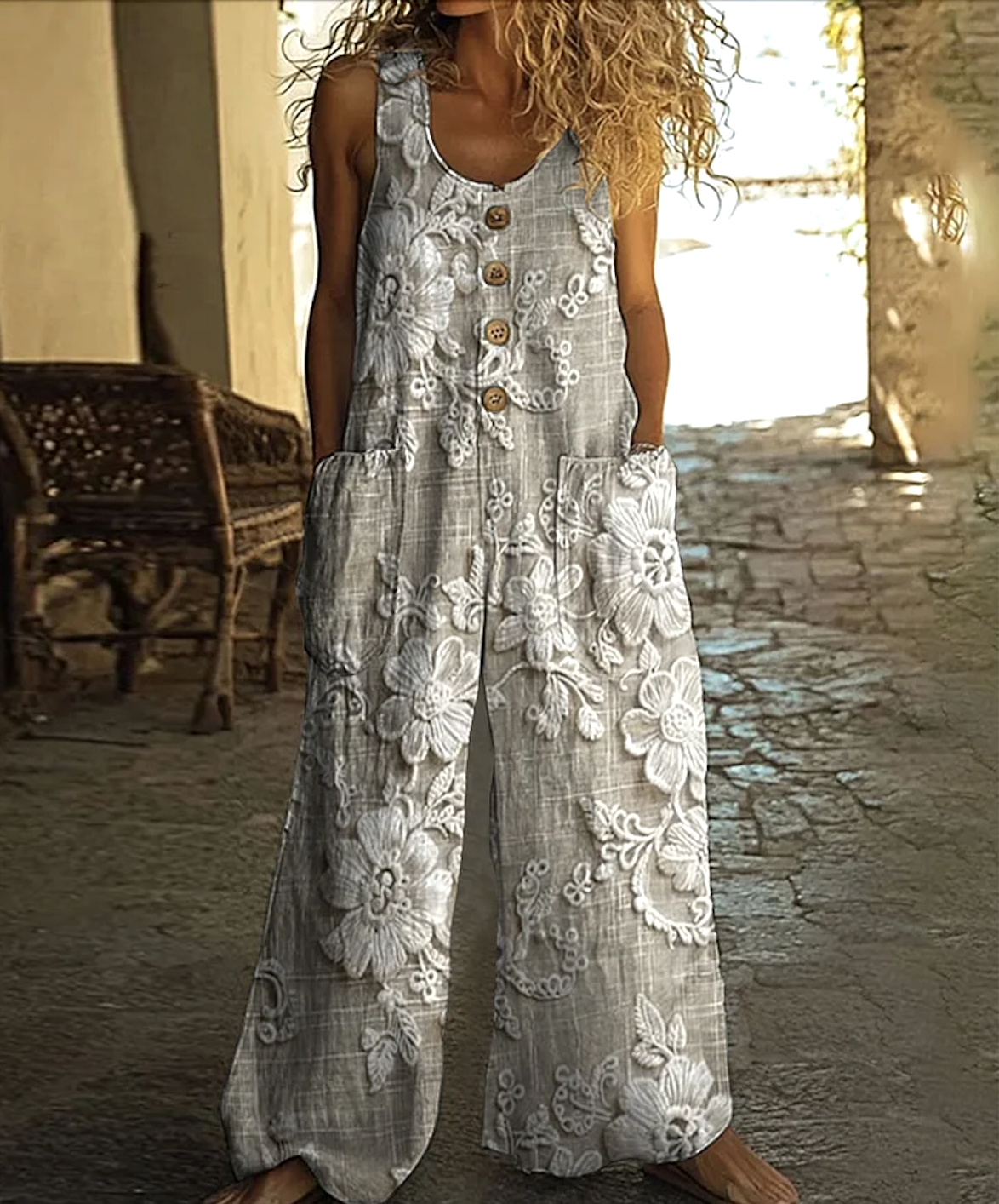 Damen Unifarben Rundhals Ärmellos Lässig Sommer Baumwolle Jumpsuit