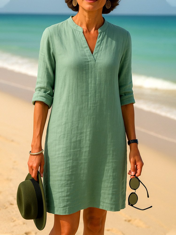 Damen Unifarben Frühling/Herbst Kleid V-Ausschnitt Langarm A-Linien-Kleid