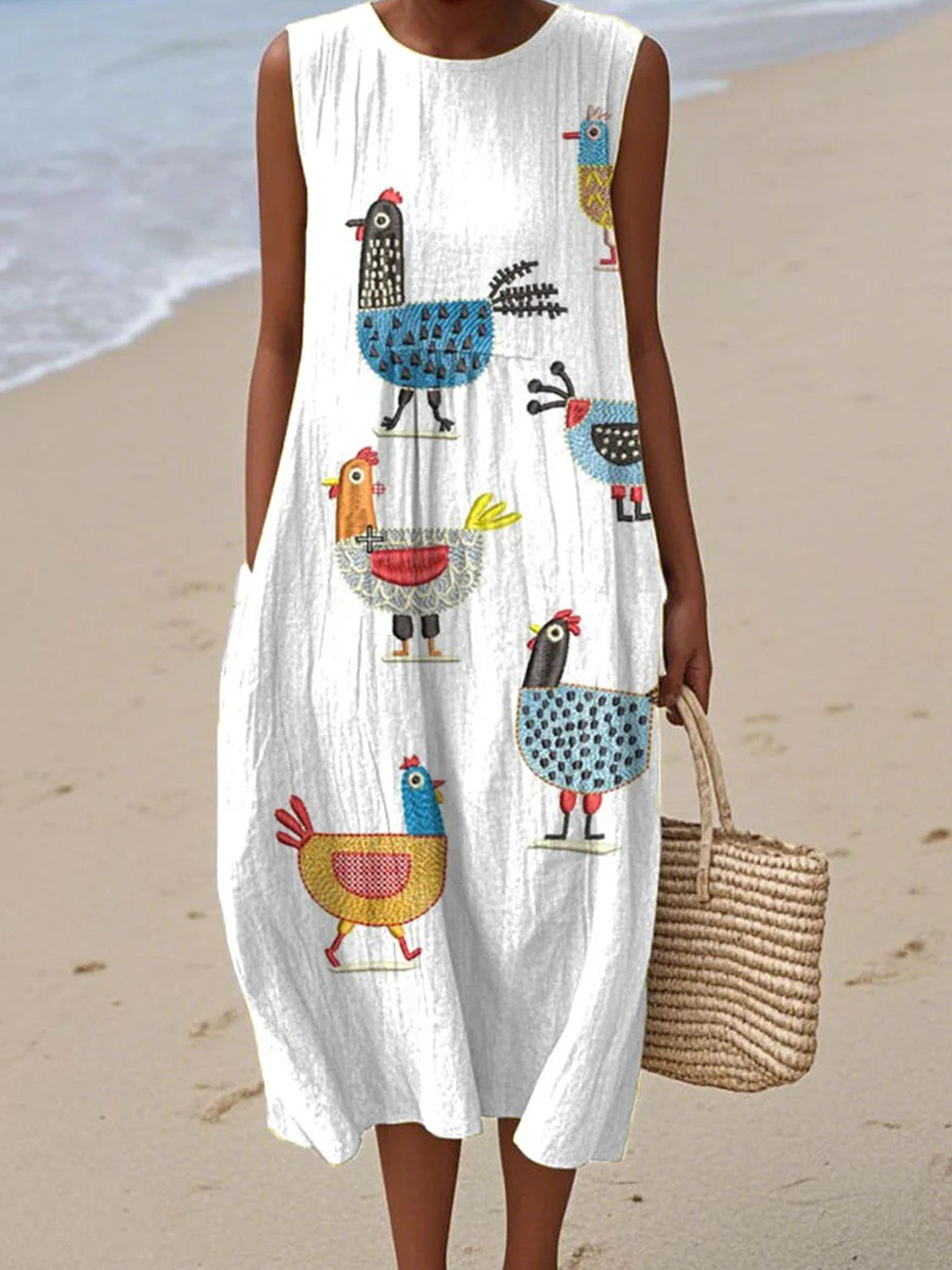 Damen Geometrisch Sommer Kleid Rundhals Ärmellos A-Linien-Kleid