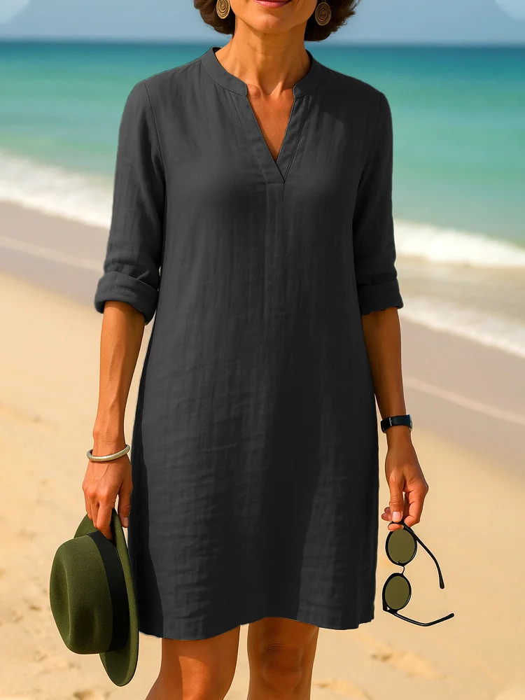 Damen Unifarben Frühling/Herbst Kleid V-Ausschnitt Langarm A-Linien-Kleid