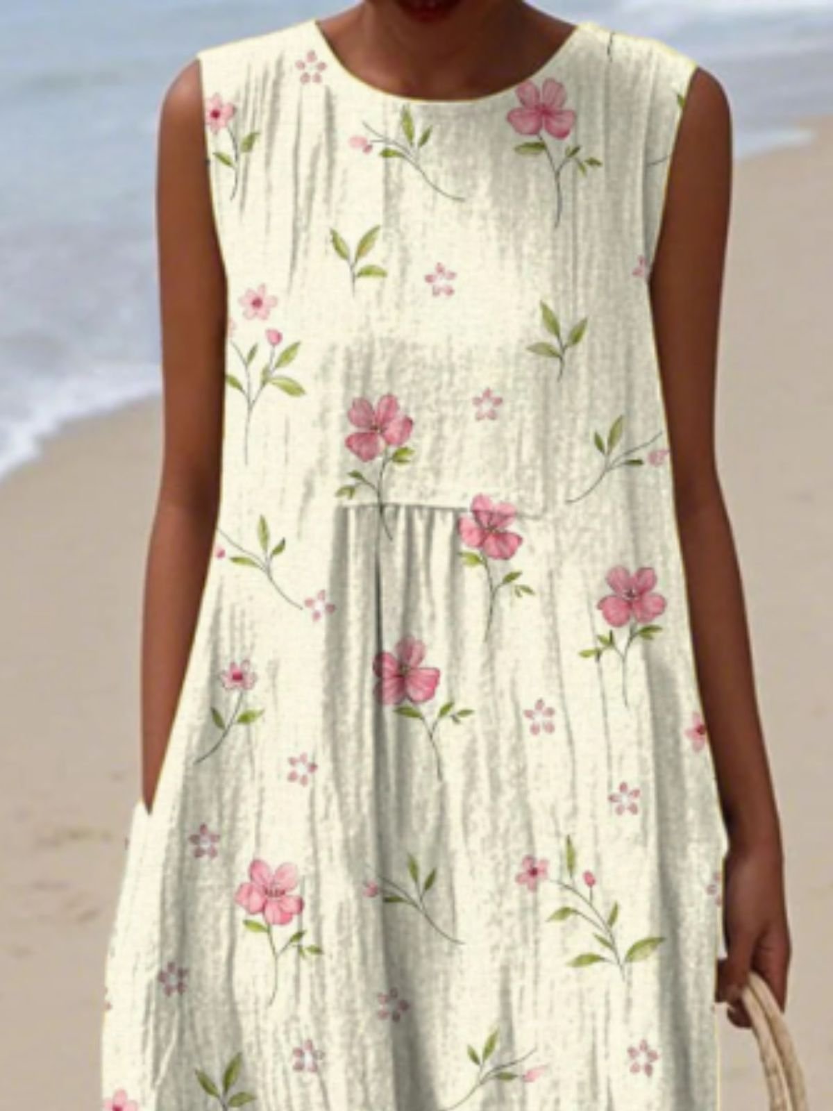 Damen Geblümt Sommer Kleid Rundhals Ärmellos A-Linien-Kleid