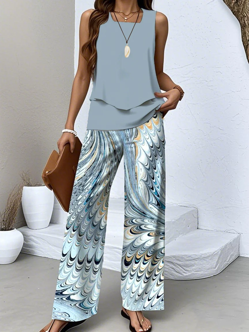 Damen Geometrisch Zweiteiliges Set Täglich Ärmellos Lässig Sommer Bluse mit Hose Matching Set