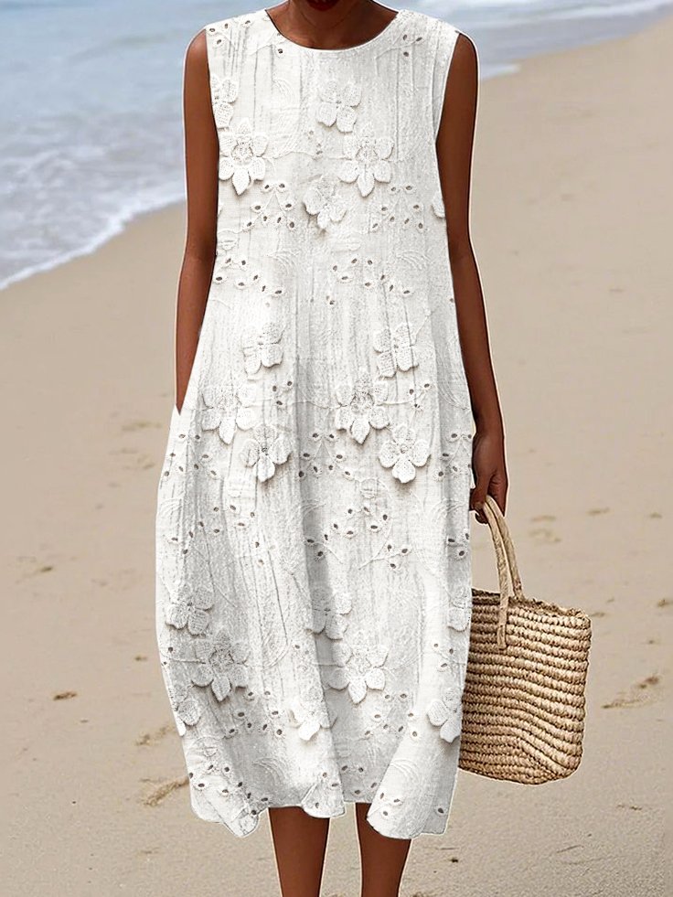 Damen Gestreift Sommer Kleid Rundhals Ärmellos A-Linien-Kleid