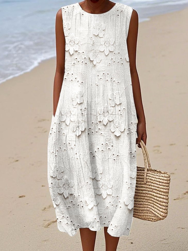 Damen Gestreift Sommer Kleid Rundhals Ärmellos A-Linien-Kleid