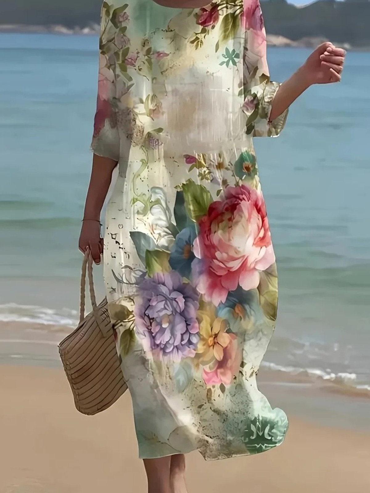 Damen Geblümt Sommer Kleid Rundhals Kurzarm A-Linien-Kleid