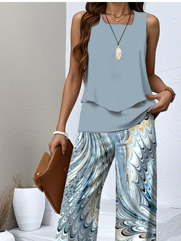 Damen Geometrisch Zweiteiliges Set Täglich Ärmellos Lässig Sommer Bluse mit Hose Matching Set