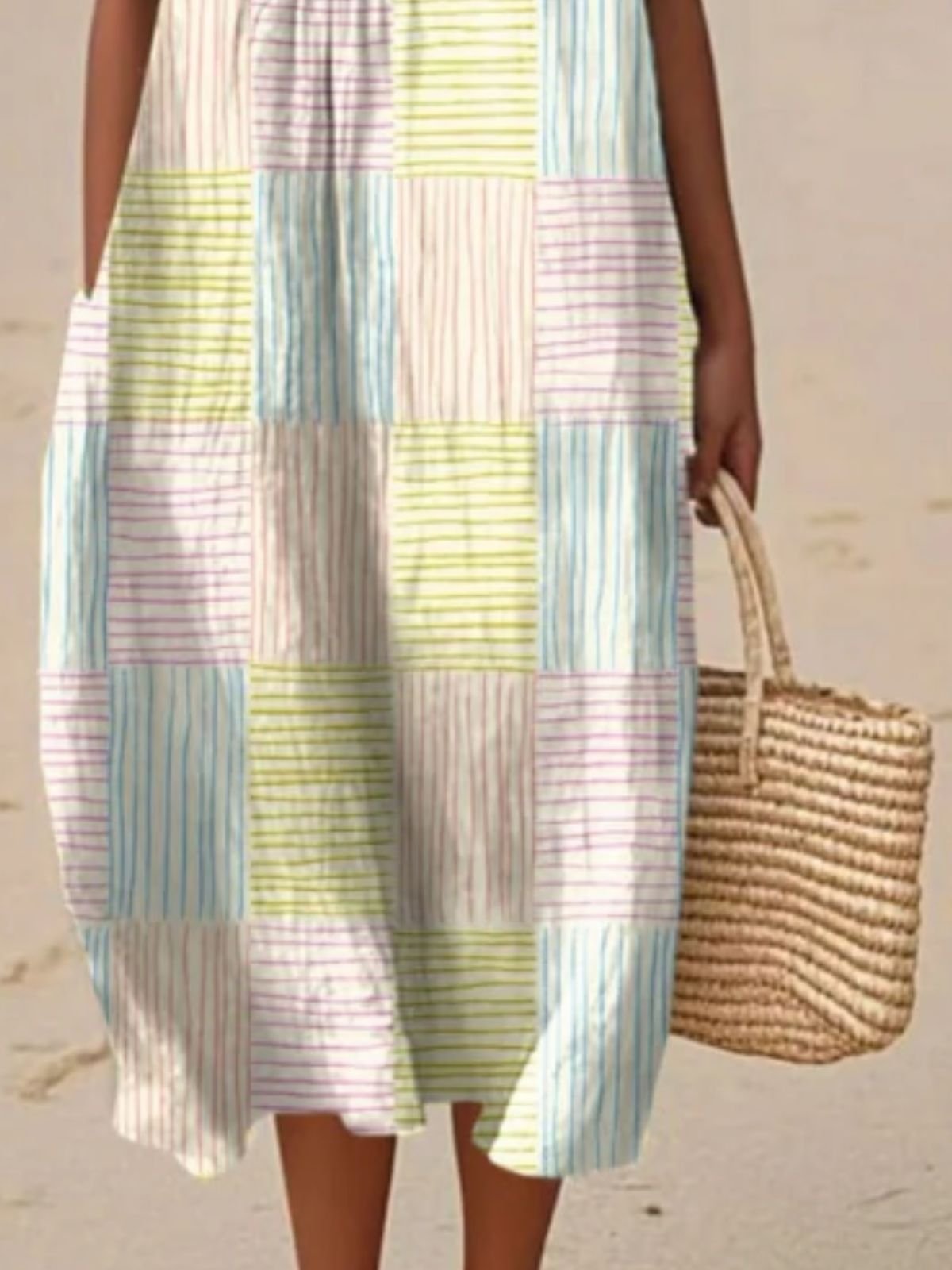 Damen Farbblock Sommer Kleid Rundhals Ärmellos A-Linien-Kleid