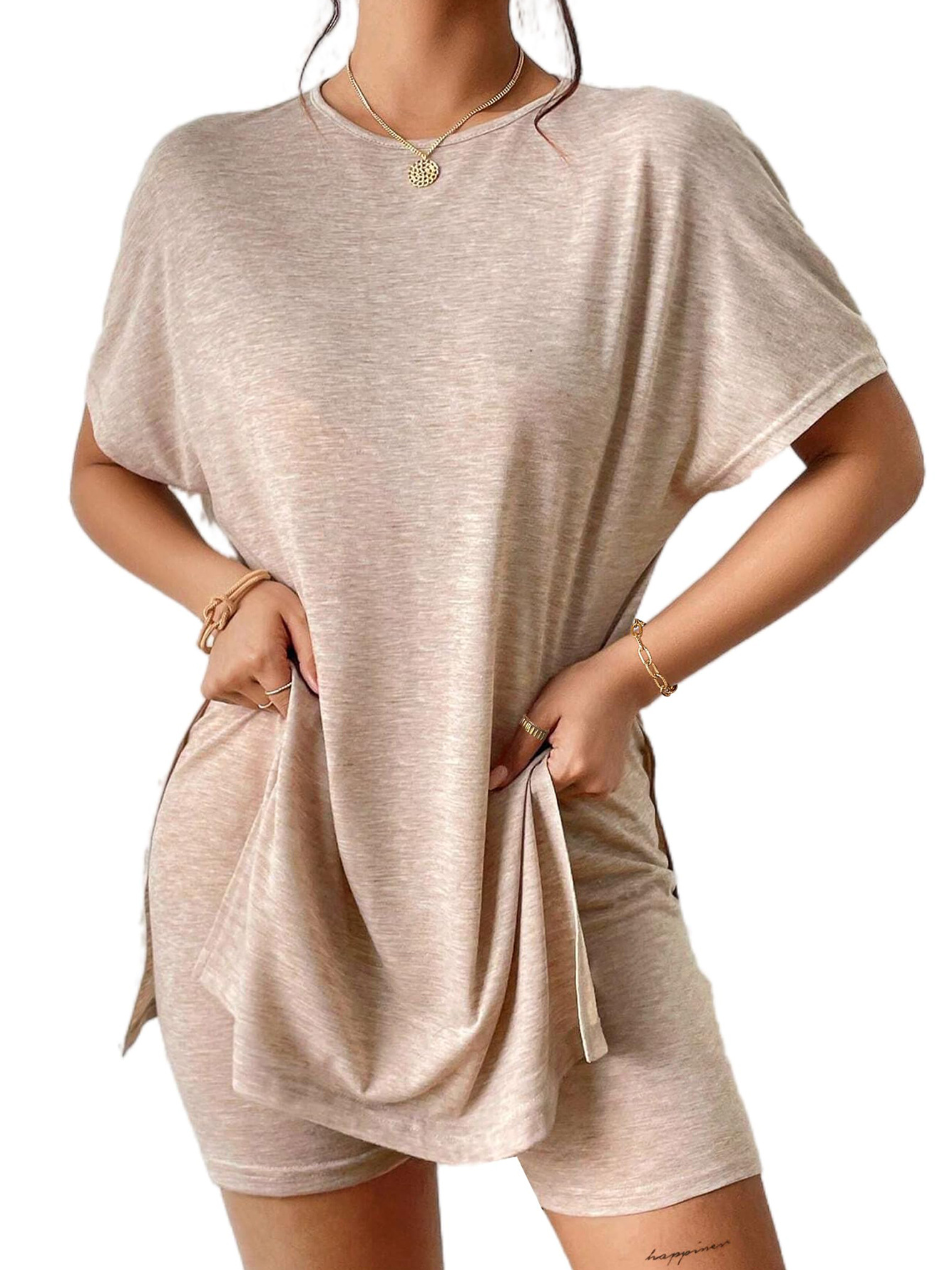 Damen Unifarben Zweiteiliges Set Täglich Halbarm Lässig Sommer Bluse mit Hose Matching Set