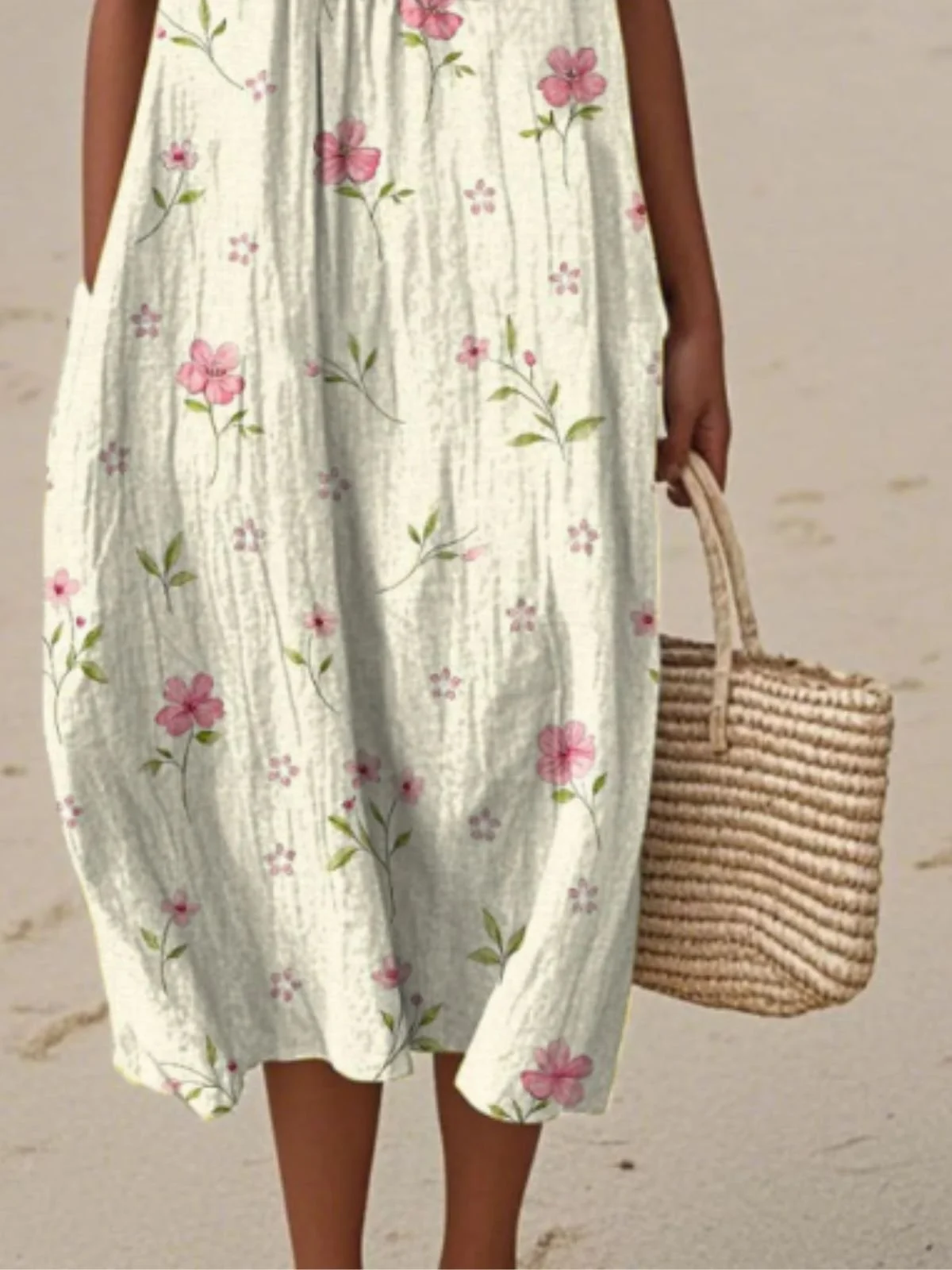 Damen Geblümt Sommer Kleid Rundhals Ärmellos A-Linien-Kleid