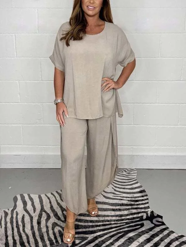 Damen Unifarben Zweiteiliges Set Täglich Halbarm Retro Sommer Bluse mit Hose Matching Set
