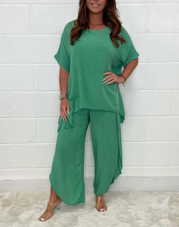 Damen Unifarben Zweiteiliges Set Täglich Halbarm Retro Sommer Bluse mit Hose Matching Set