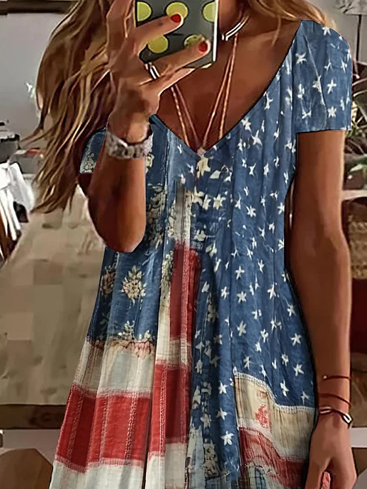 Damen Tag der Unabhängigkeit (Flagge) Sommer Print Kleid V-Ausschnitt Kurzarm Klassisch A-Linien-Kleid