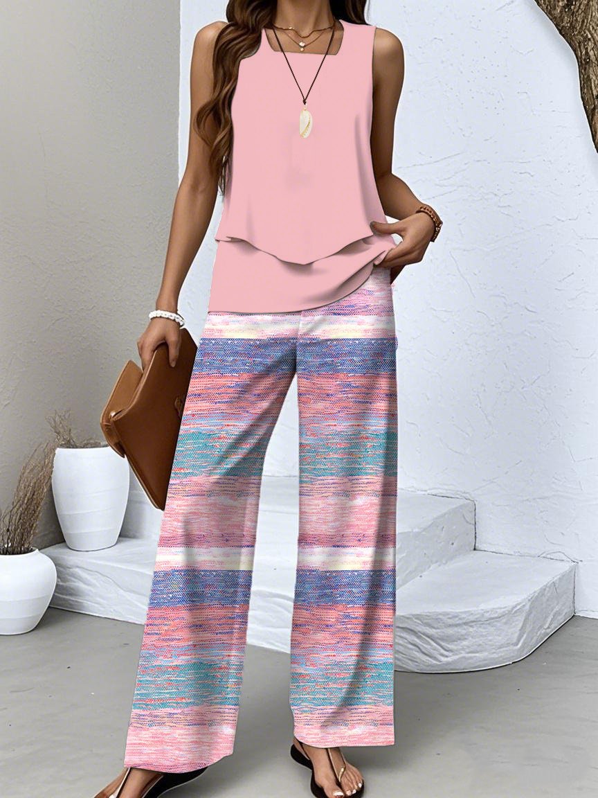 Damen Gestreift Zweiteiliges Set Täglich Ärmellos Lässig Sommer Bluse mit Hose Matching Set