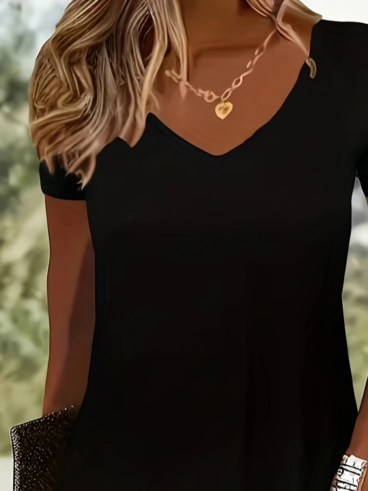 Damen Unifarben Sommer Kleid V-Ausschnitt Kurzarm Passen & Flare Kleid A-Linien-Kleid