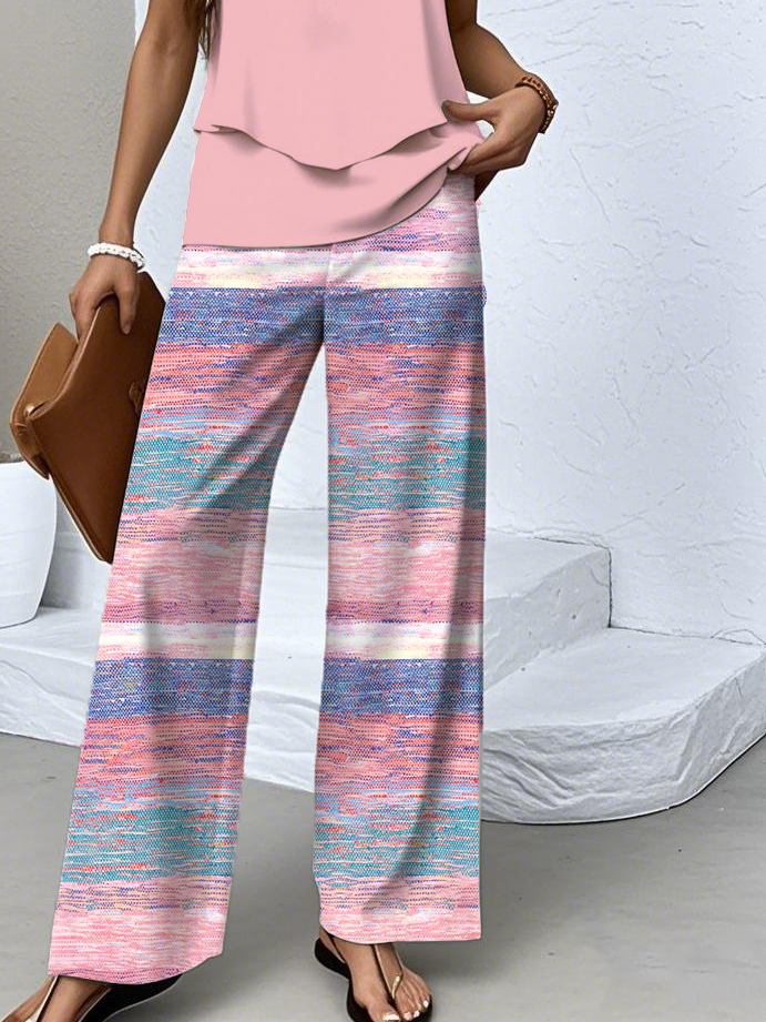 Damen Gestreift Zweiteiliges Set Täglich Ärmellos Lässig Sommer Bluse mit Hose Matching Set