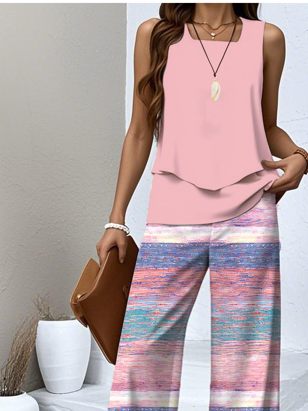 Damen Gestreift Zweiteiliges Set Täglich Ärmellos Lässig Sommer Bluse mit Hose Matching Set
