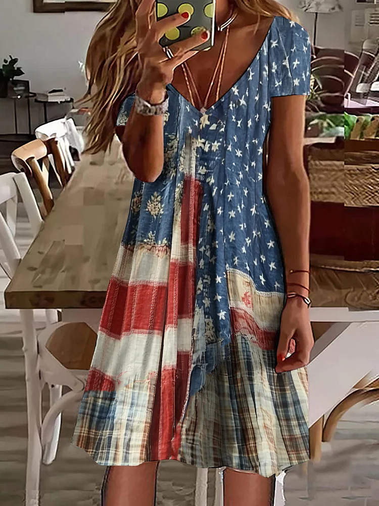 Damen Tag der Unabhängigkeit (Flagge) Sommer Print Kleid V-Ausschnitt Kurzarm Klassisch A-Linien-Kleid