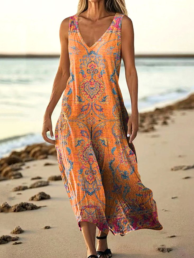 Damen Geblümt Sommer Kleid V-Ausschnitt Ärmellos A-Linien-Kleid
