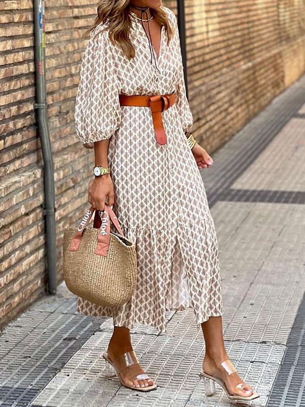 Damen Geometrisch Puffärmel Sommer Print Kleid V-Ausschnitt Kurzarm Blusenkleid A-Linien-Kleid