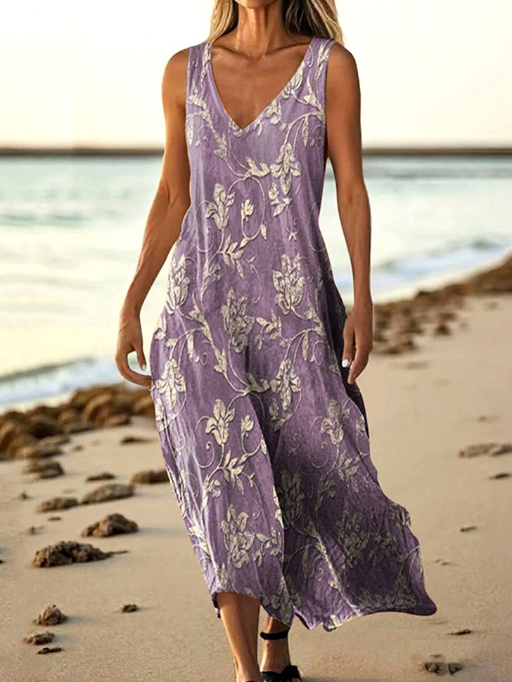 Damen Geblümt Sommer Kleid V-Ausschnitt Ärmellos A-Linien-Kleid