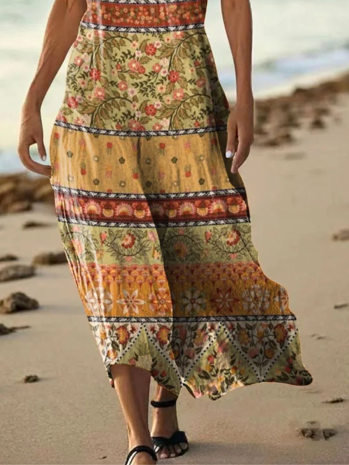 Damen Geblümt Sommer Kleid V-Ausschnitt Ärmellos A-Linien-Kleid
