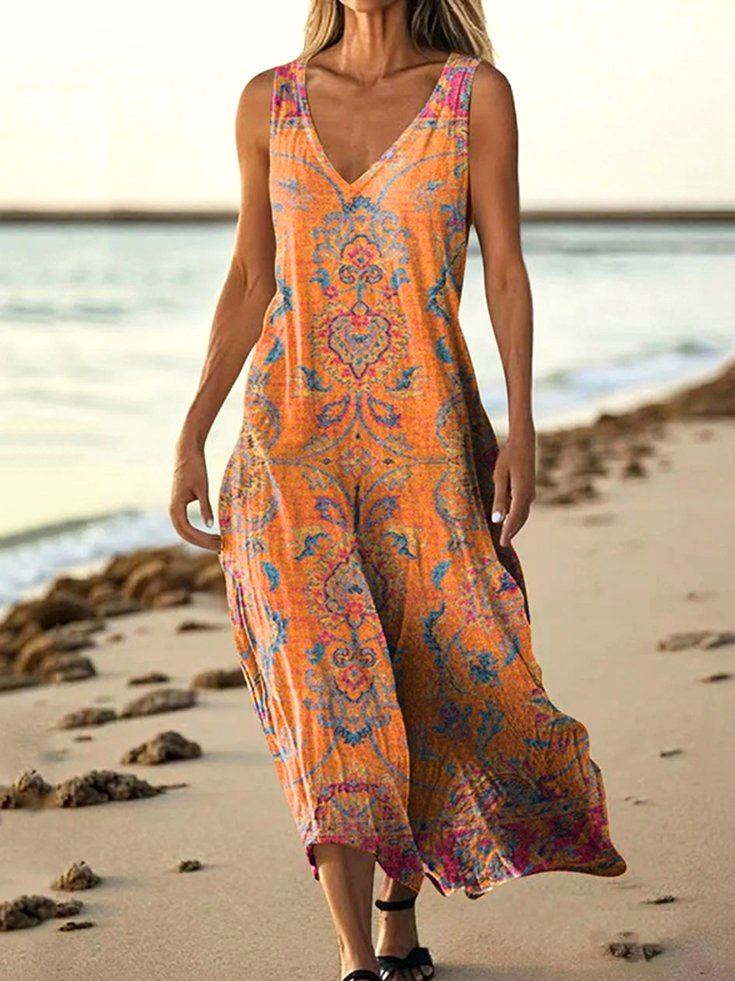 Damen Geblümt Sommer Kleid V-Ausschnitt Ärmellos A-Linien-Kleid