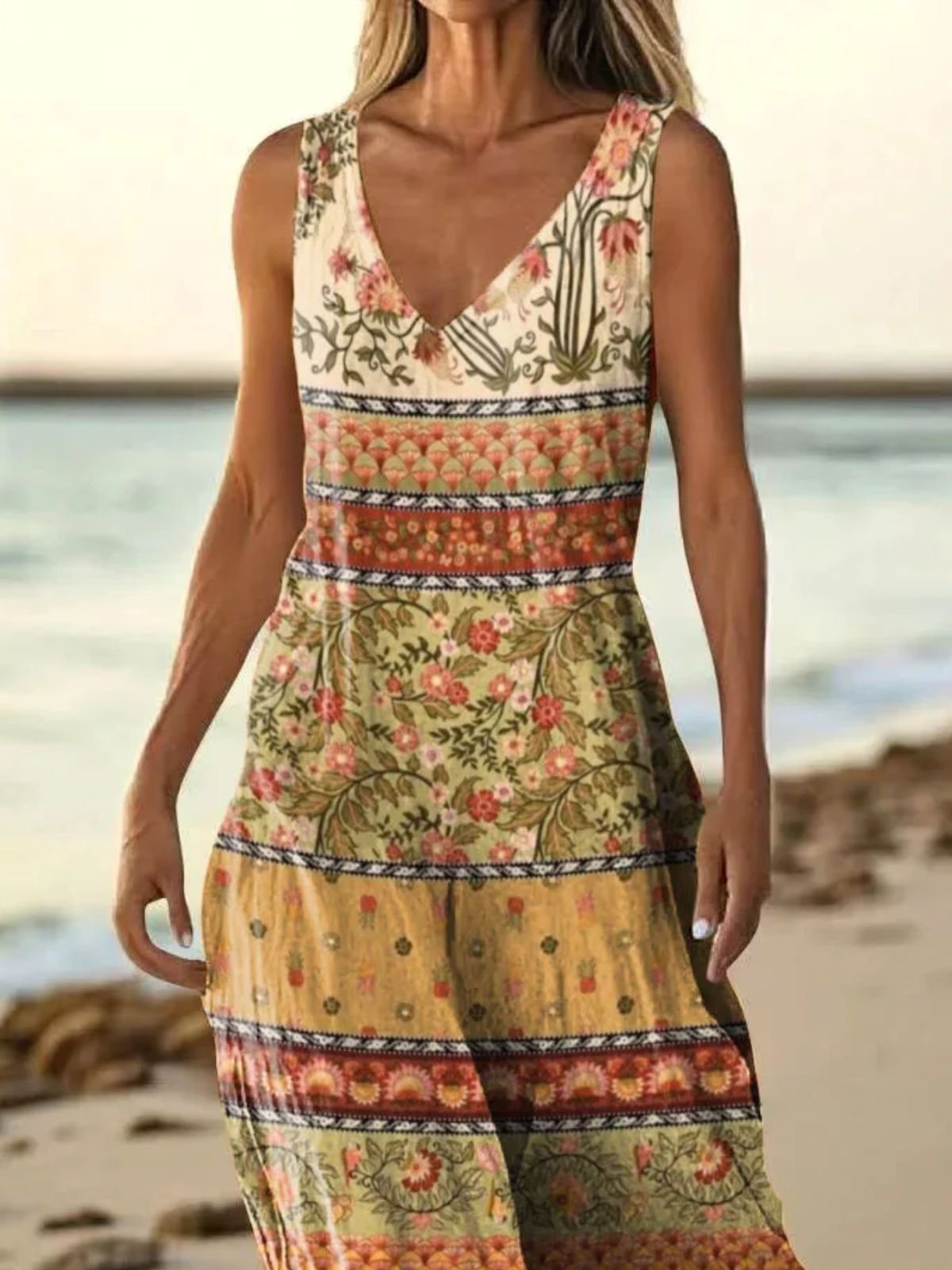 Damen Geblümt Sommer Kleid V-Ausschnitt Ärmellos A-Linien-Kleid