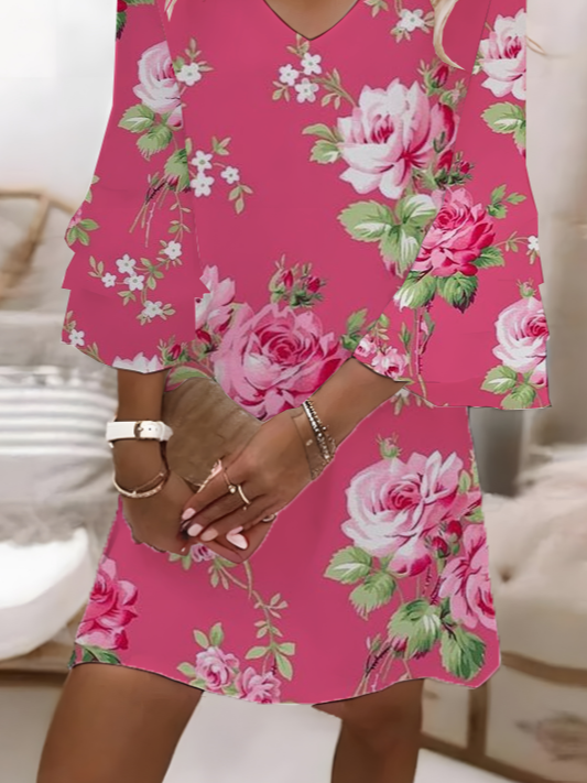 Damen Geblümt Sommer Print Kleid V-Ausschnitt Halbarm H-Linie Kleid