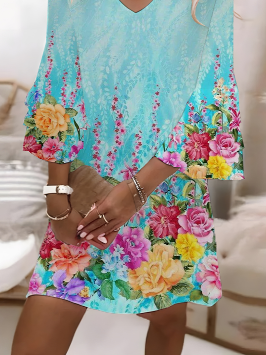 Damen Geblümt Sommer Print Kleid V-Ausschnitt Halbarm H-Linie Kleid