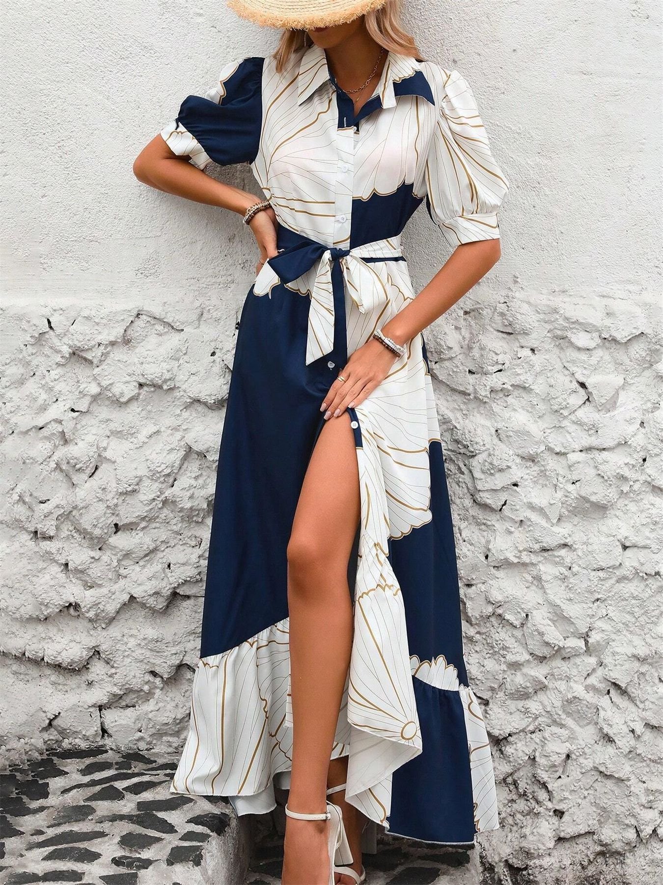 Damen Geometrisch Puffärmel Sommer Print Kleid V-Ausschnitt Kurzarm Blusenkleid A-Linien-Kleid