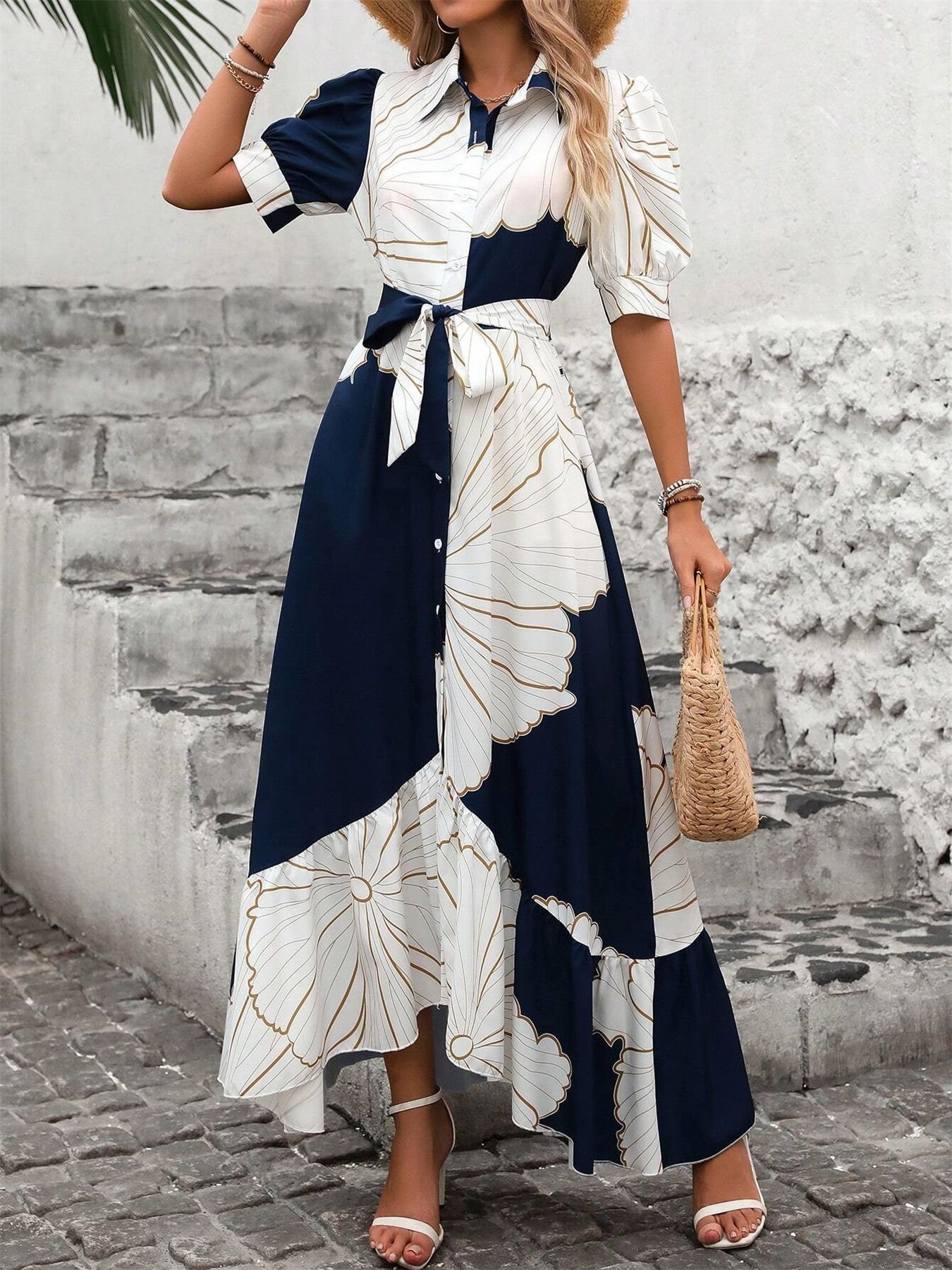 Damen Geometrisch Puffärmel Sommer Print Kleid V-Ausschnitt Kurzarm Blusenkleid A-Linien-Kleid