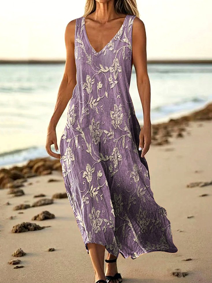 Damen Geblümt Sommer Kleid V-Ausschnitt Ärmellos A-Linien-Kleid