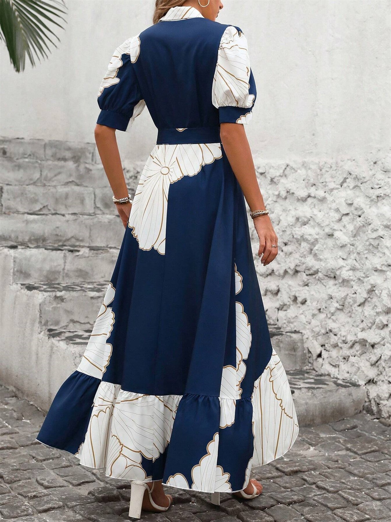 Damen Geometrisch Puffärmel Sommer Print Kleid V-Ausschnitt Kurzarm Blusenkleid A-Linien-Kleid