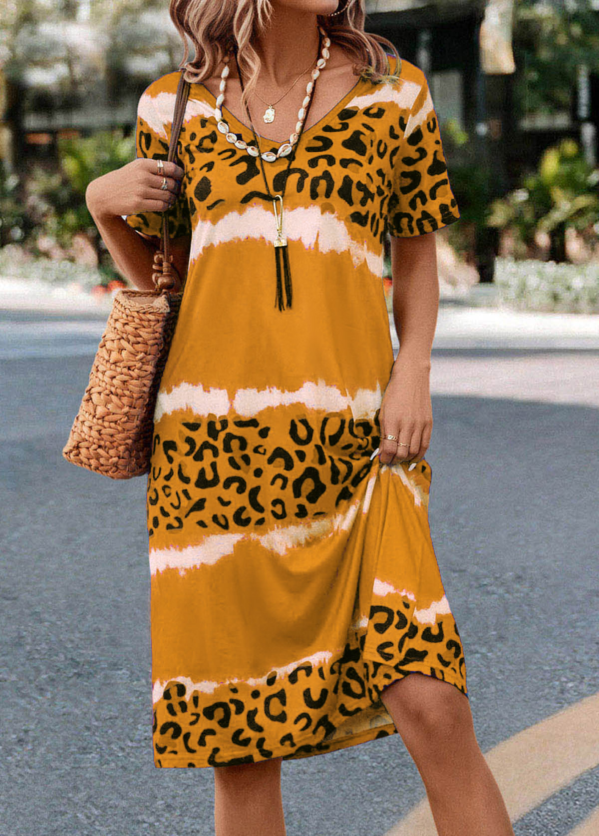 Damen Kontrastnaht Sommer Kleid V-Ausschnitt Kurzarm A-Linien-Kleid