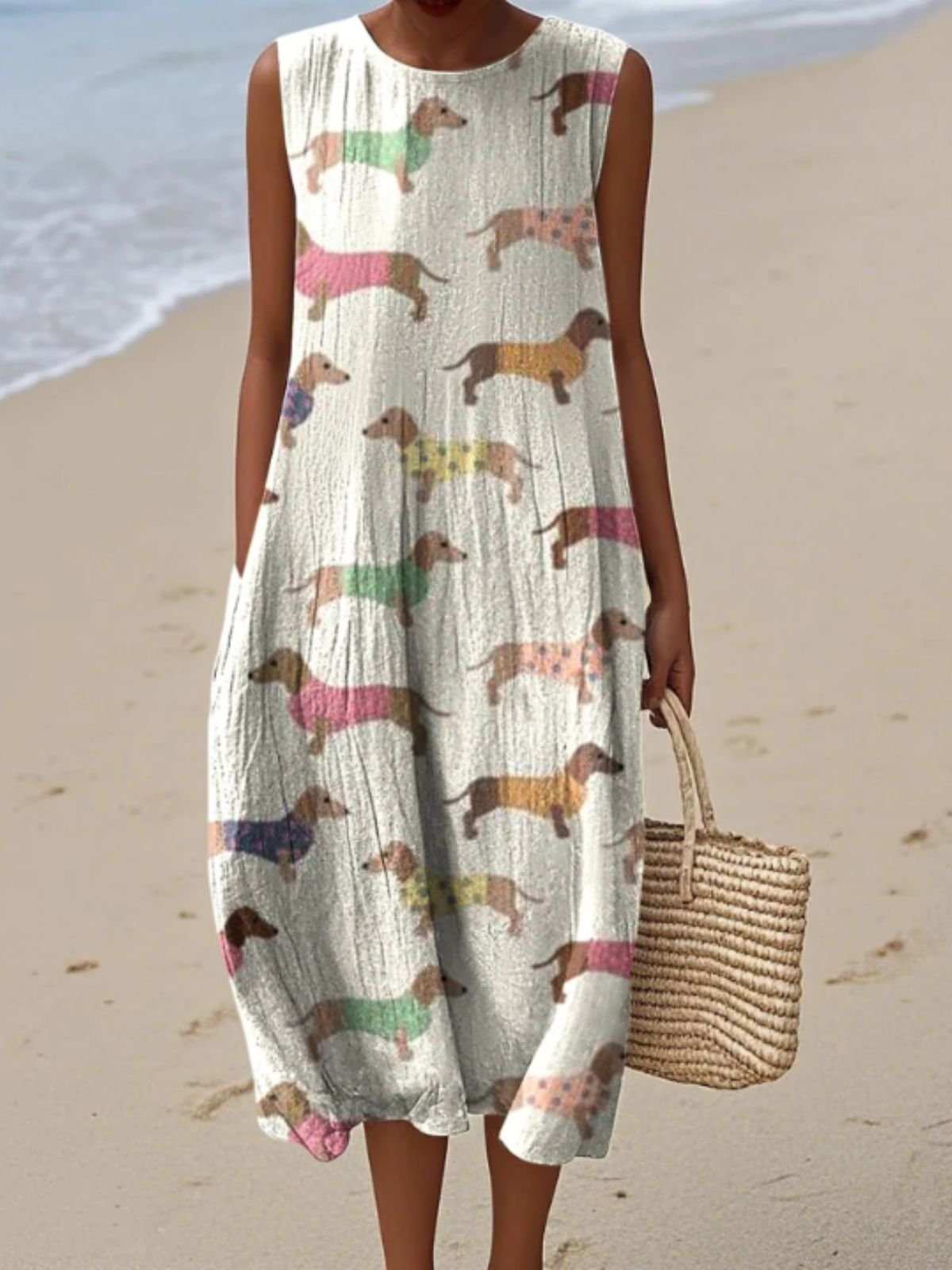 Damen Malerei Sommer Kleid Rundhals Ärmellos A-Linien-Kleid