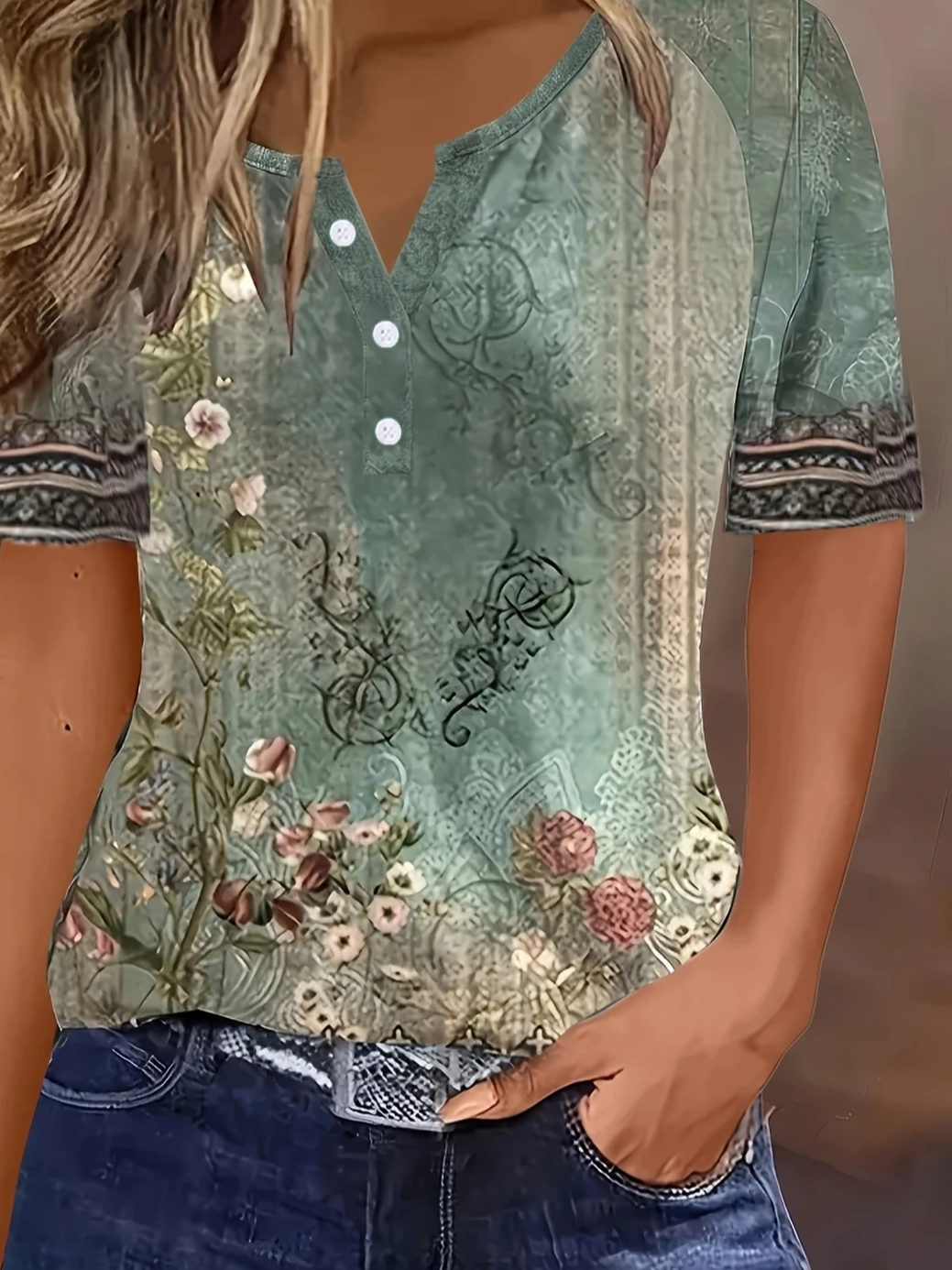 Lässig Geblümt Rundhals Kurzarm T-Shirt