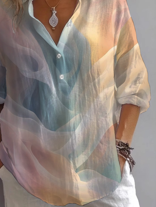 Hemdkragen Langarm Abstrakt Print Regelmäßig Weit Knopfhemd Bluse für Damen