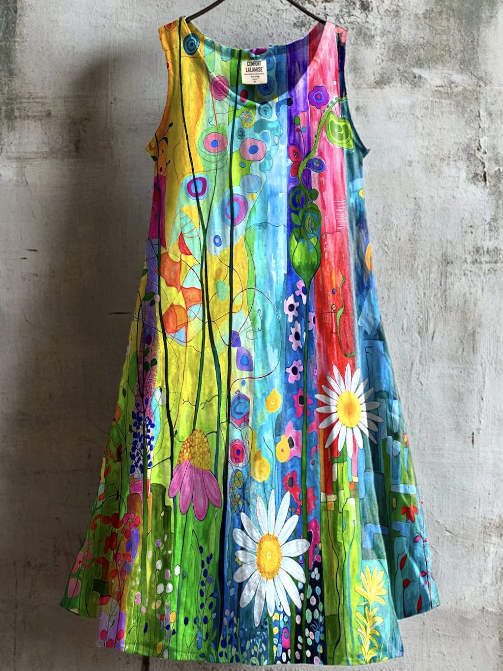 Damen Geblümt Sommer Kleid Rundhals Ärmellos A-Linien-Kleid