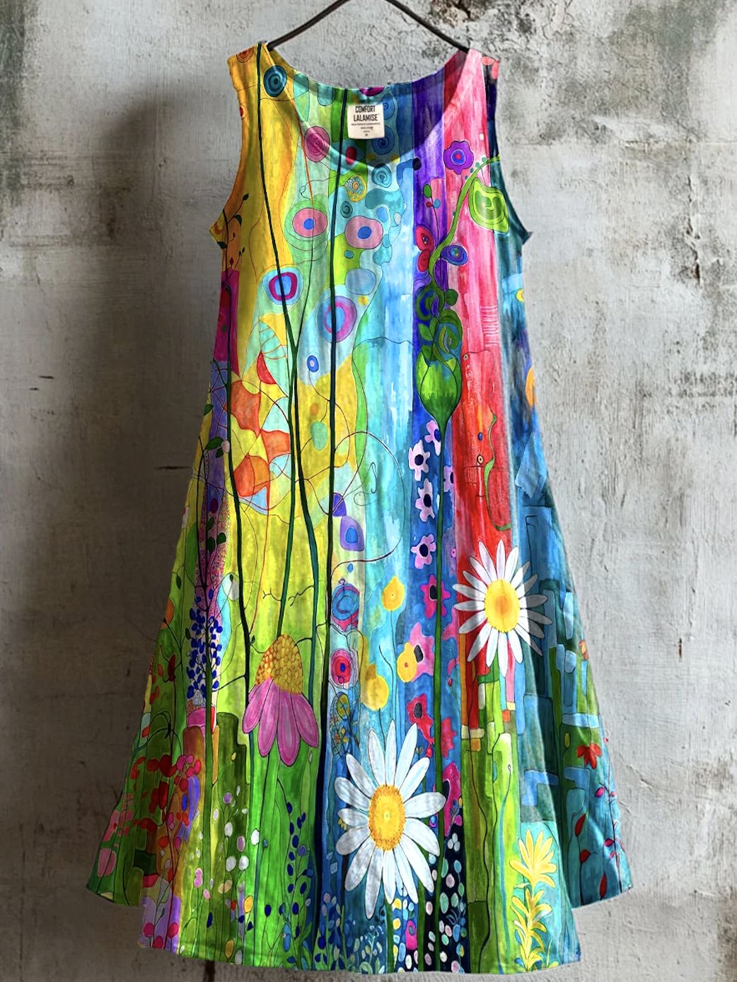 Damen Geblümt Sommer Kleid Rundhals Ärmellos A-Linien-Kleid