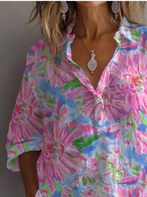 Hemdkragen Langarm Geblümt Print Regelmäßig Weit Knopfhemd Bluse für Damen