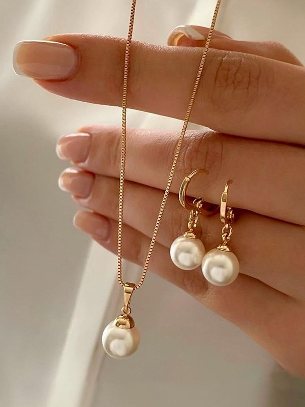 Schmuck Fashion Perle Pendant Legierung Licht Luxuriös Perle Ohrringe Ohrringe Halskette Set Zweiteiliges Halskette