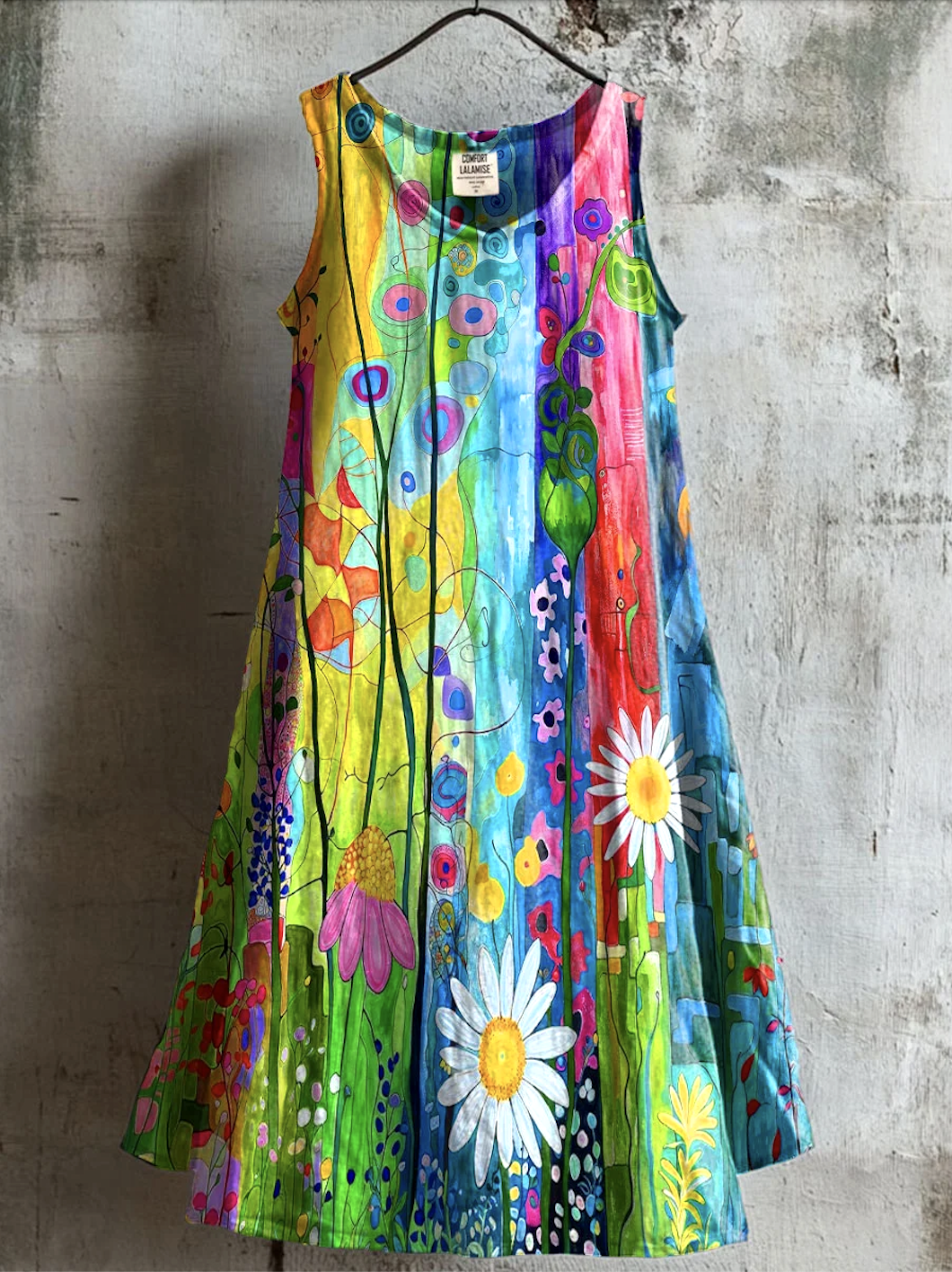 Damen Geblümt Sommer Kleid Rundhals Ärmellos A-Linien-Kleid